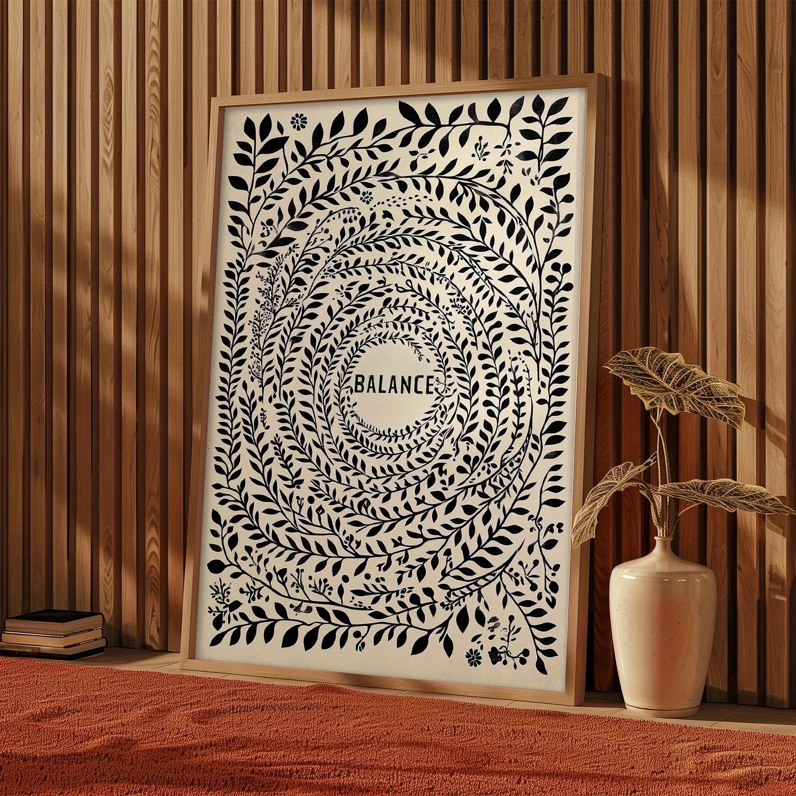 Balance Botanical Mandala Canvas Print Wall Art – Minimalist Black Leaf Circle Design on Neutral Beige Background for Modern  Home Décor