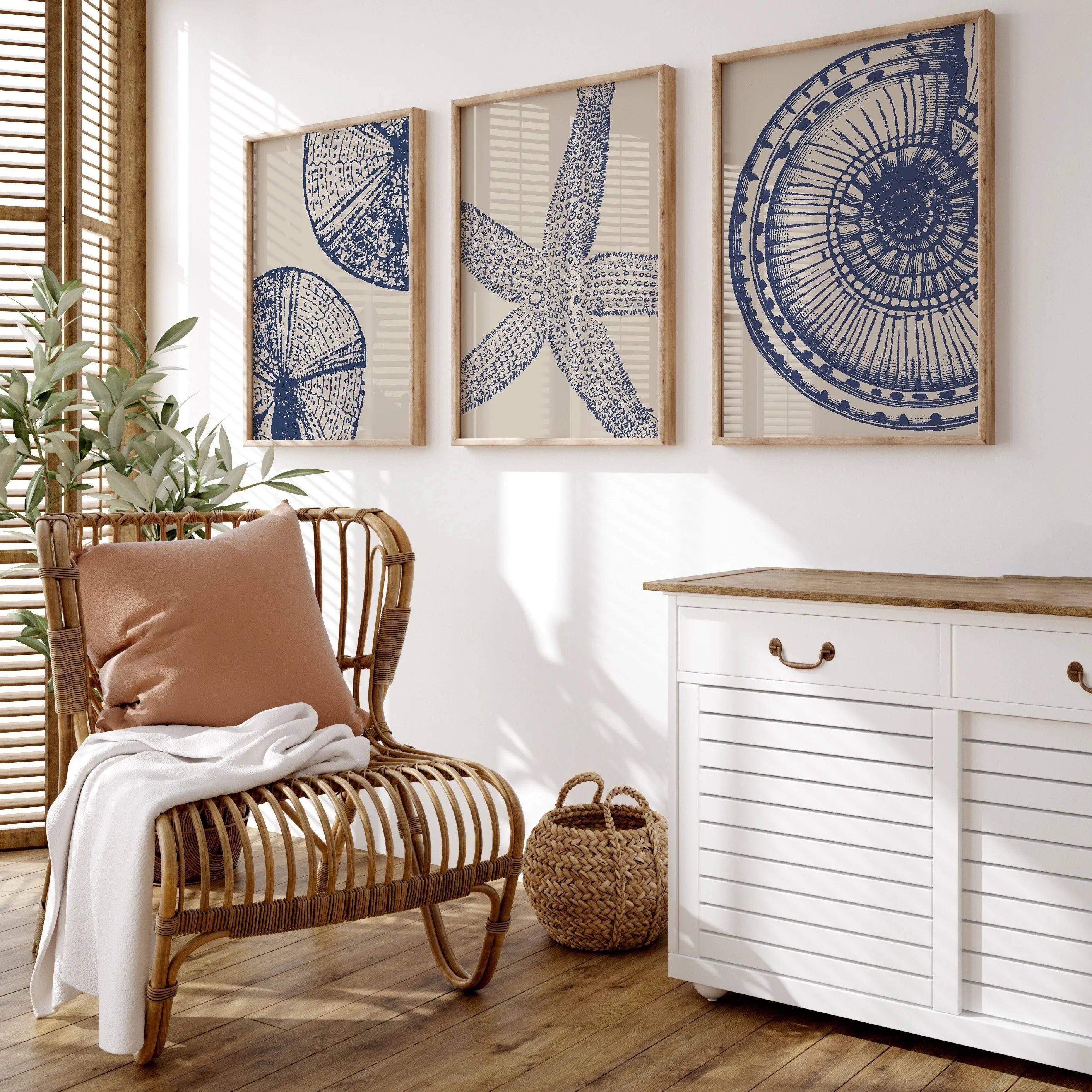Starfish & Seashell Coastal Wall Art Unframed Canvas Print - Blue Marine Seaside Decor for Dining Room, Beach House & Contemporary Coastal Interiors