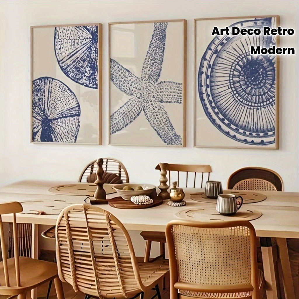 Starfish & Seashell Coastal Wall Art Unframed Canvas Print - Blue Marine Seaside Decor for Dining Room, Beach House & Contemporary Coastal Interiors