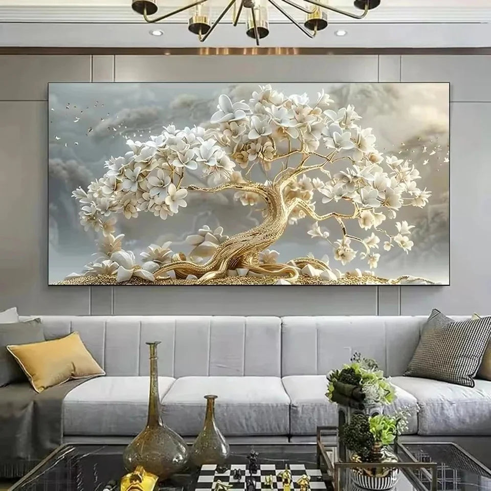 Abstract White Flowers Golden Leaf Tree Canvas Prints Canvas Wall Art Pictures for Living Room Modern Home Decor No Frame