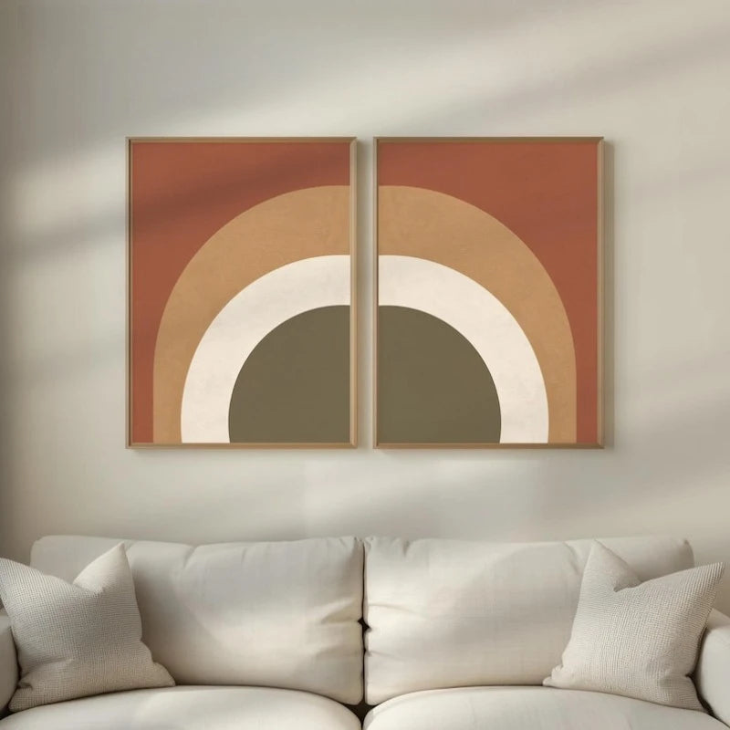 Large Geometric Abstract Rainbow Terracotta Beige Olive Canvas Print Wall Art for Modern Minimalist Living Room and Contemporary Home Décor