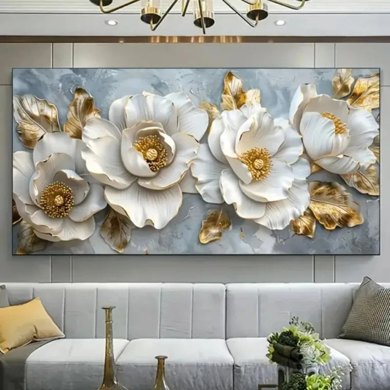 Elegant Style Canvas Poster Prints Art, Frameless Modern Floral Wall Arts Decor, White Flowers with Golden Accents for Livin