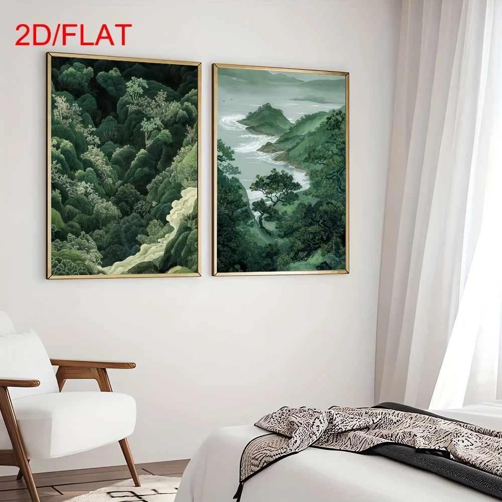 Green Zen Forest & Coastal Landscape Canvas Print Set – Nature Scenic Wall Art with Lush Trees, Hills & Ocean Views for Living Room
