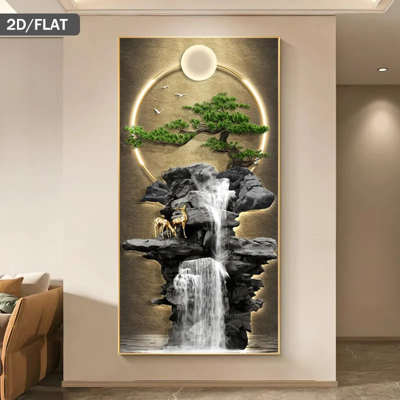 Luxury Golden Deer Waterfall Unframed Canvas Print Wall Art – Modern Zen Landscape Foyer Art with Bonsai Tree, Moon Ring & Birds