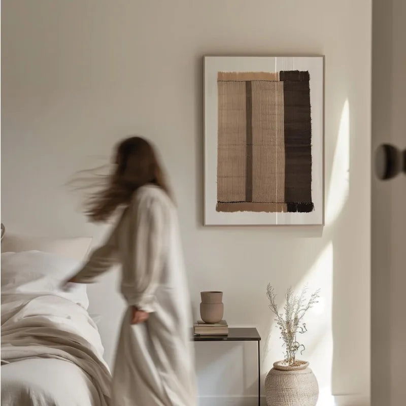 Large Unframed Woven Textile Stripe Pattern Canvas Print Wall Art in Neutral Beige and Brown Tones for Modern Minimalist Living Room
