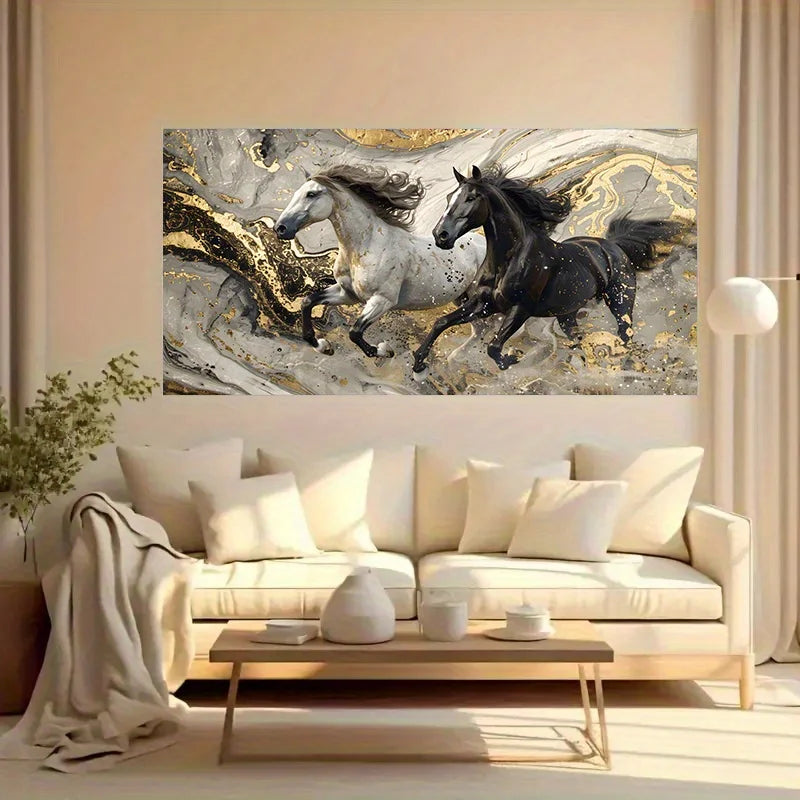 Modern Abstract Horse Canvas Wall Art, Frameless Golden Accent Wall Art Pictures Dynamic Horse Canvas Print For Home Decortions