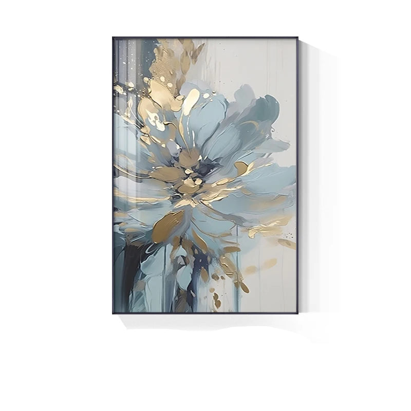 Light Luxury Blue Golden Floral Wall Art Fine Art Canvas Prints - Modern Botanical Pictures For Living Room Dining Room Art For Contemporary Home Decor