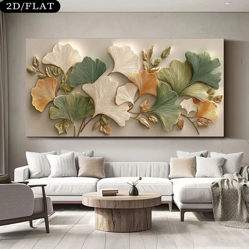 Ginkgo Leaf Canvas Print Unframed Wall Art – Green Gold & Beige Botanical Design for Elegant Living Room Home Decor & Interior Styling