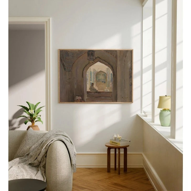 Middle Eastern Archway Canvas Print Wall Art – Neutral Beige Architectural Artwork for Dining Room, Living Room, Mediterranean Style Home Décor