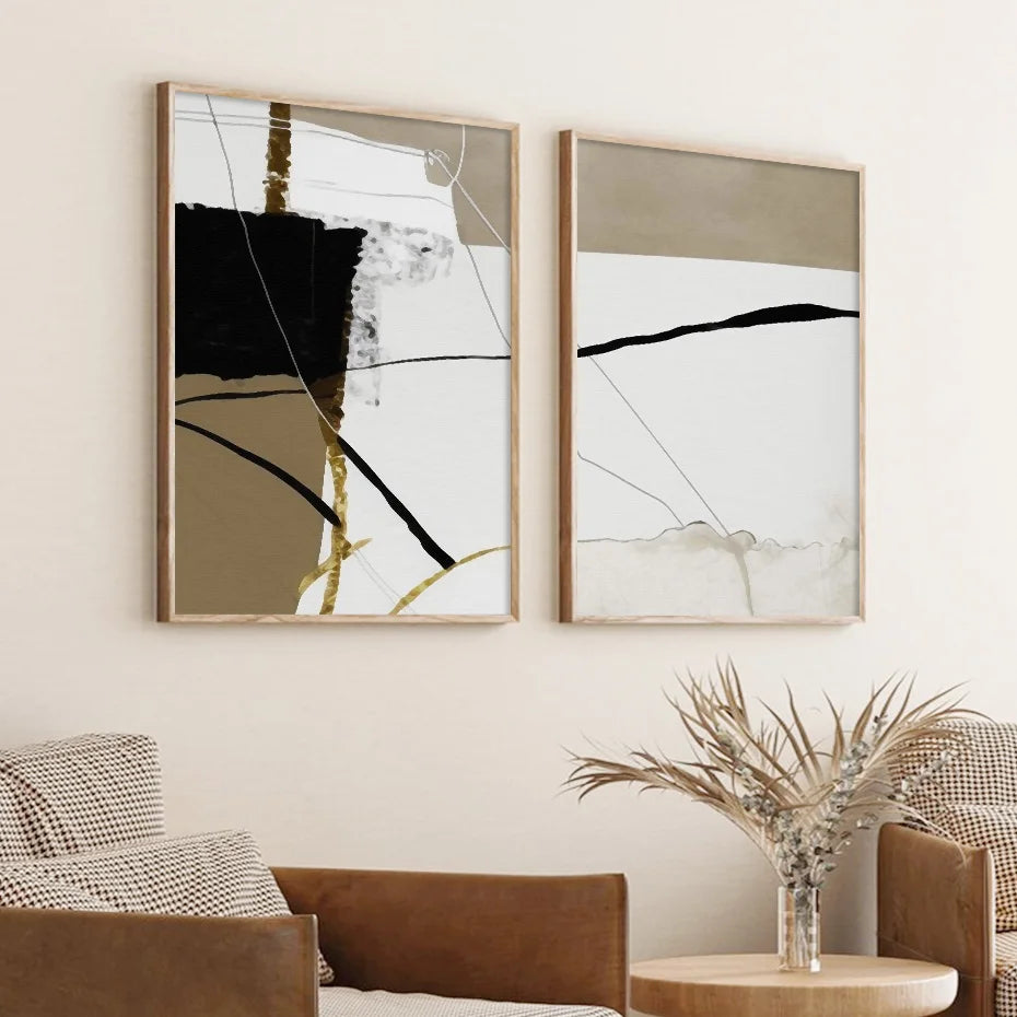 Vintage Brown Black Beige Color Block Abstract Wall Art Fine Art Canvas Prints - Pictures For Dining Room Living Room Bedroom Artworks For Contemporary Decor
