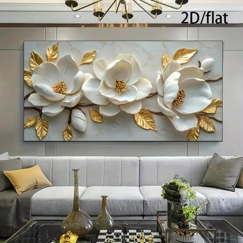 Elegant Style Canvas Poster Prints Art, Frameless Modern Floral Wall Arts Decor, White Flowers with Golden Accents for Livin