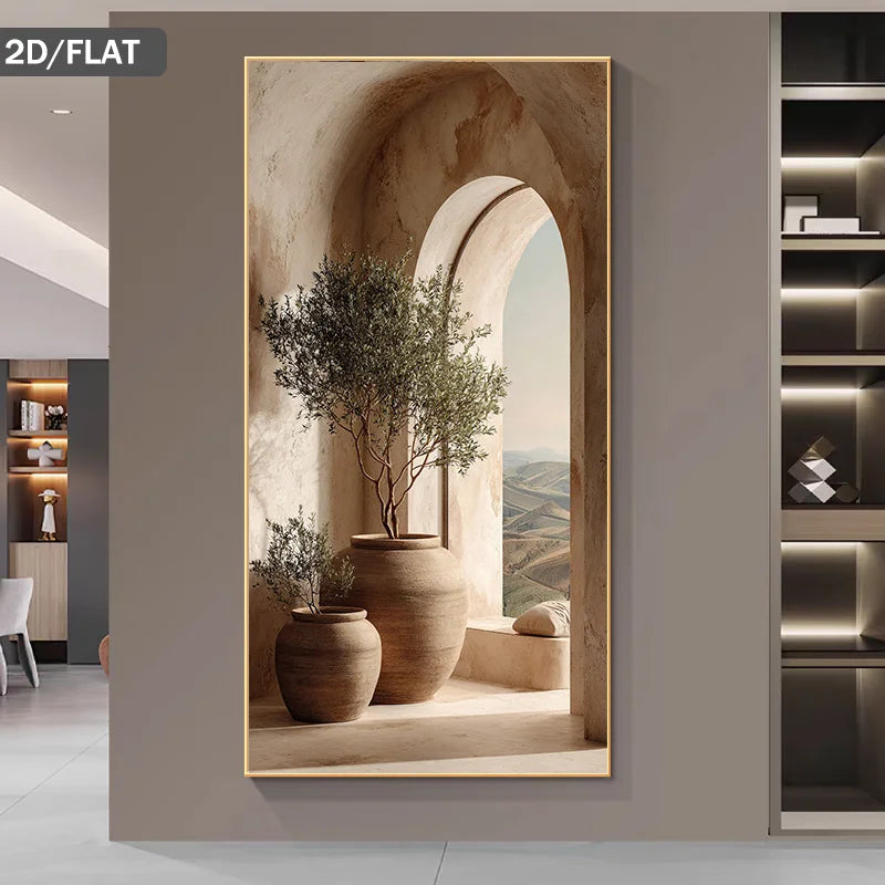 Mediterranean Archway Landscape Canvas Print – Warm Neutral Architectural Wall Art with Clay Pots & Minimalist Nature Scene for Modern Rustic Interiors