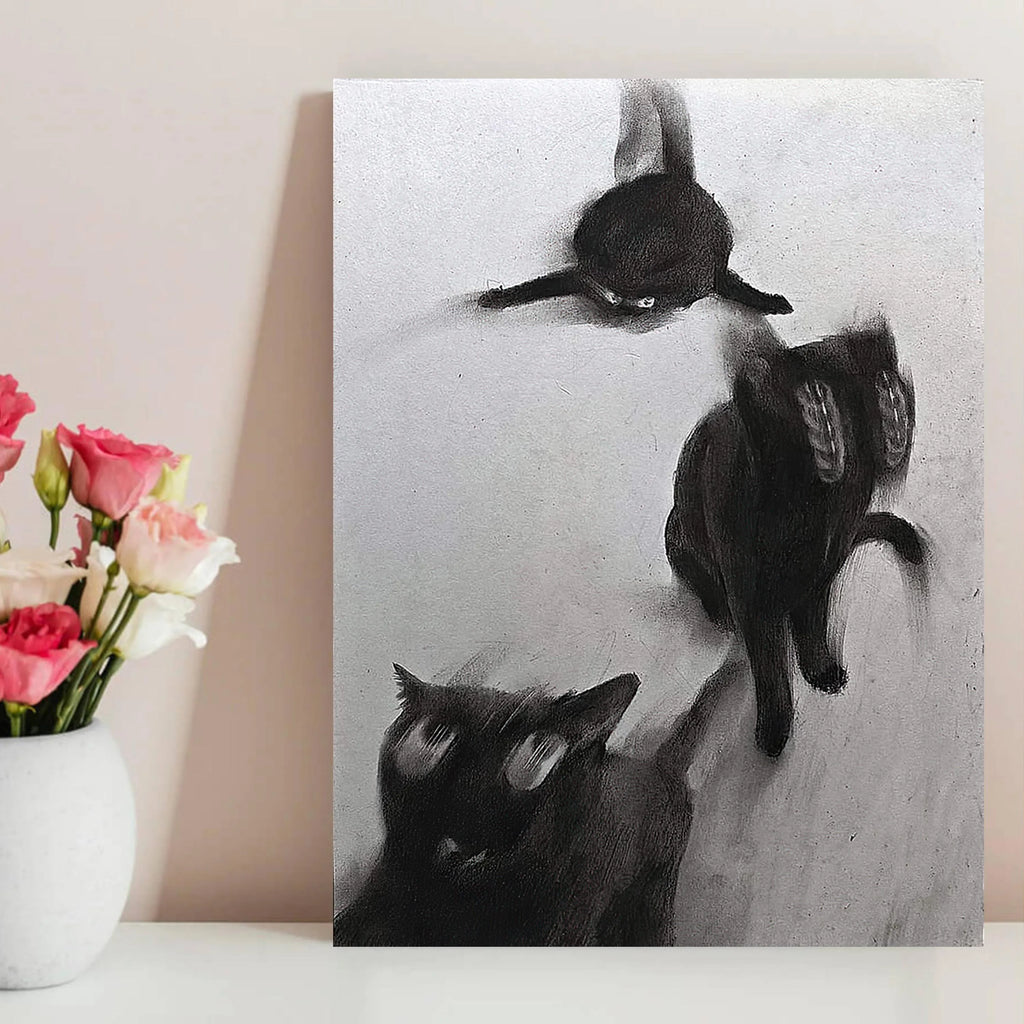 Abstract Black Cats In Motion Wall Art – Expressive Blurred Feline Trio Artwork – Modern Minimalist Print for Contemporary Living Room Decor