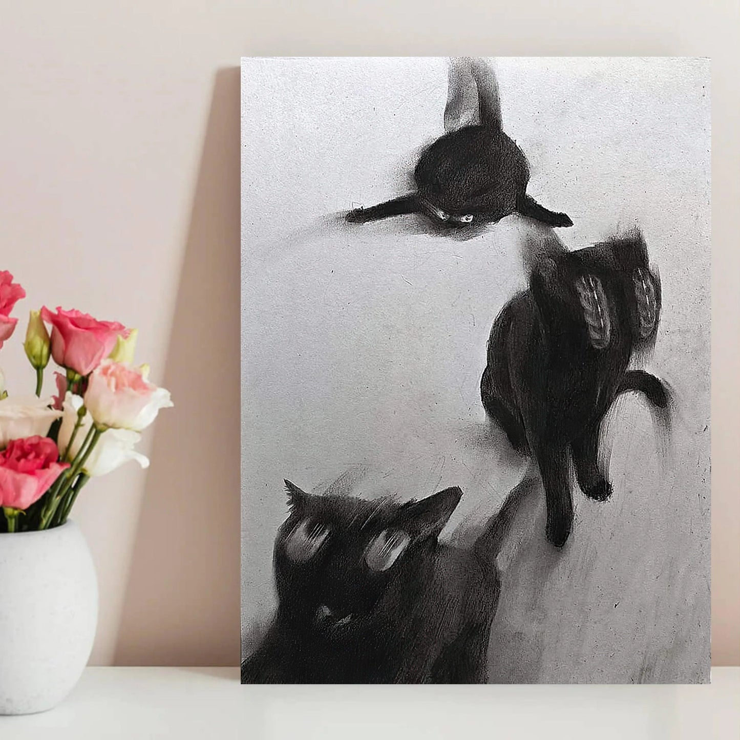 Abstract Black Cats In Motion Wall Art – Expressive Blurred Feline Trio Artwork – Modern Minimalist Print for Contemporary Living Room Decor