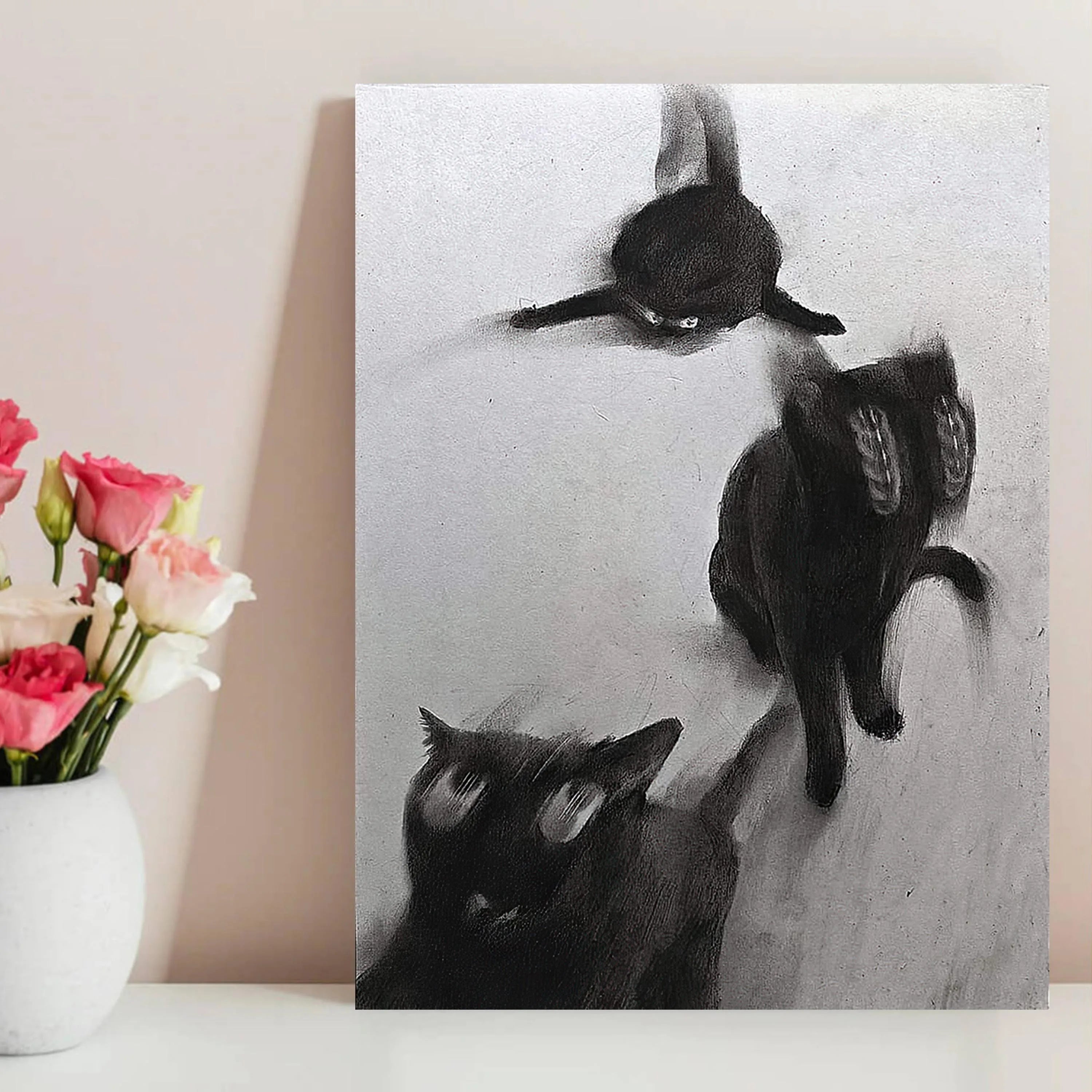 Abstract Black Cats In Motion Wall Art – Expressive Blurred Feline Trio Artwork – Modern Minimalist Print for Contemporary Living Room Decor