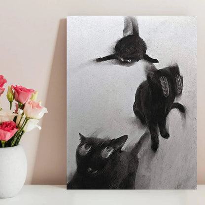 Abstract Black Cats In Motion Wall Art – Expressive Blurred Feline Trio Artwork – Modern Minimalist Print for Contemporary Living Room Decor