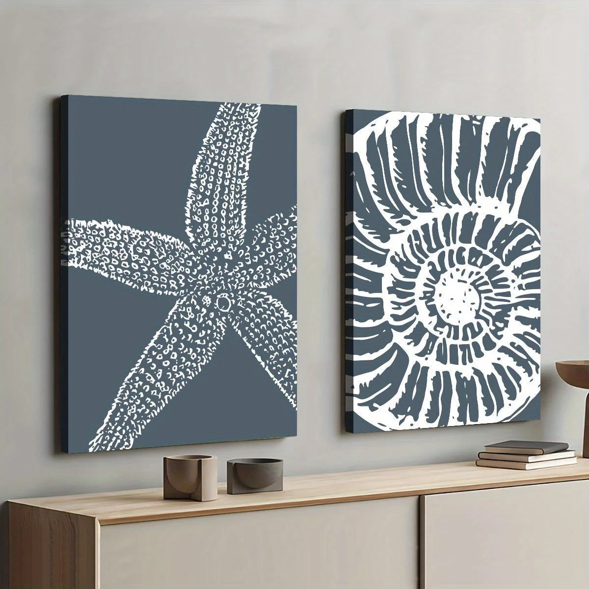 Coastal Starfish & Seashell Unframed Canvas Print Wall Art – Modern Beach‑Inspired Blue‑Gray Nautical Decor for Coastal Home Styling