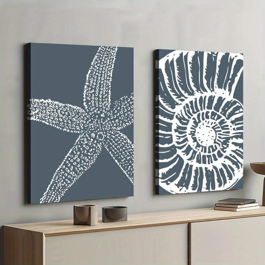 Coastal Starfish & Seashell Unframed Canvas Print Wall Art – Modern Beach‑Inspired Blue‑Gray Nautical Decor for Coastal Home Styling