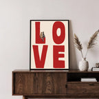 Red LOVE Typography Wall Art with Cute Cat Illustration – Charming Modern Unframed Canvas Print for Rustic Kitchen & Cozy Bedroom Decor