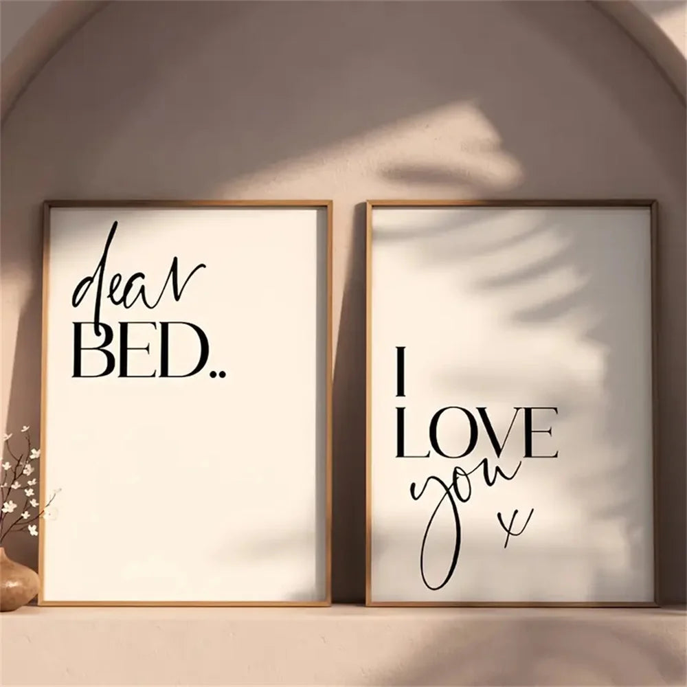Minimalist Bedroom Quote Wall Art Set – “Dear BED” & “I LOVE you” Typography Prints for Cozy Bedroom & Contemporary Home Decor