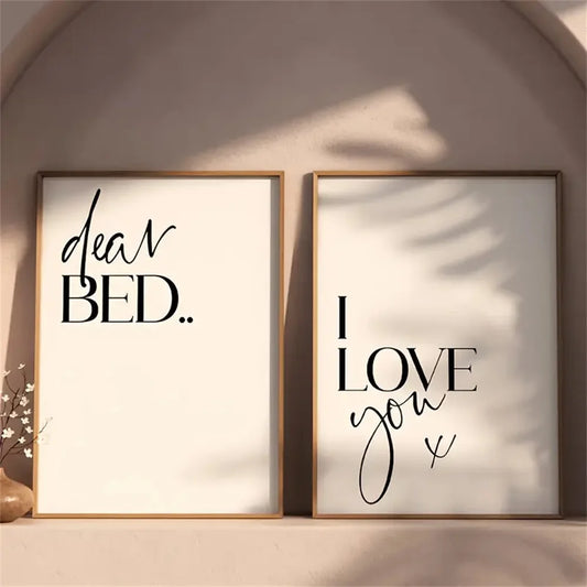 Minimalist Bedroom Quote Wall Art Set – “Dear BED” & “I LOVE you” Typography Prints for Cozy Bedroom & Contemporary Home Decor