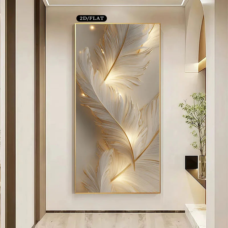 White & Gold Feather Wall Art – Soft Glowing Luxury Design – Large Unframed Canvas Print for Modern Office & Contemporary Home Décor