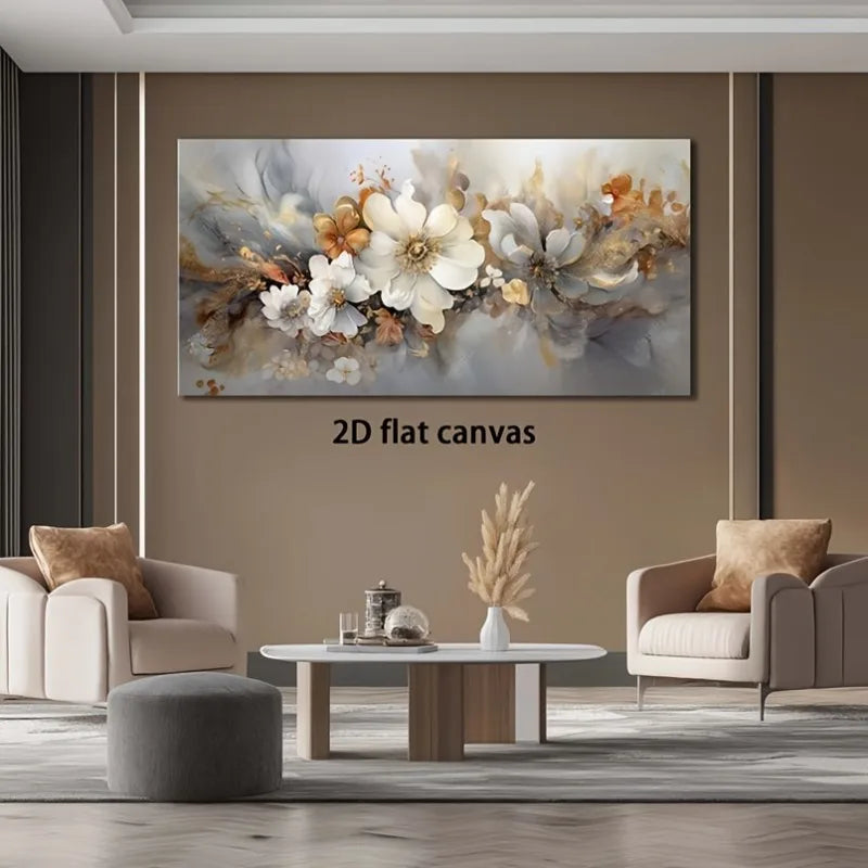 Canvas Wall Art Golden White Flowers Modern Abstract Painting Frameless Picture Living Room Bedroom Office Home Decoration