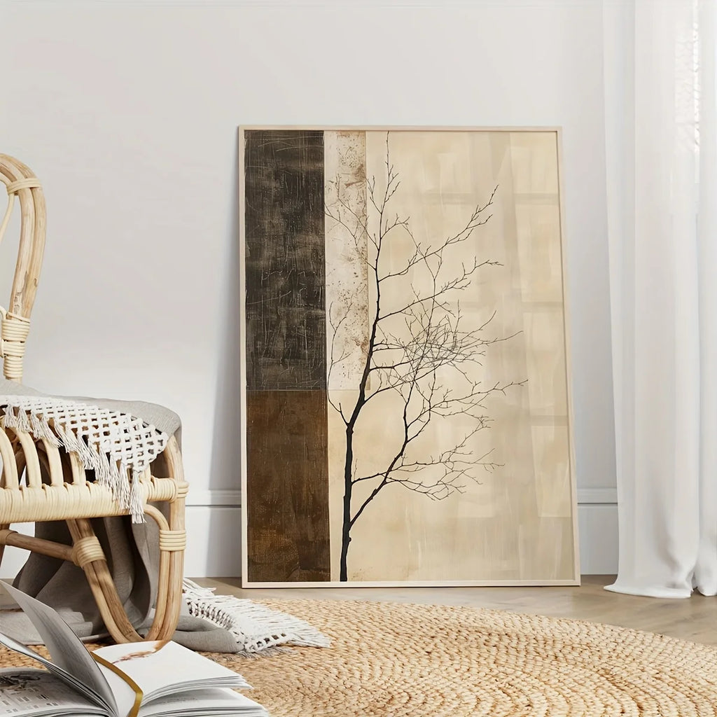 Neutral Zen Tree Branch Silhouette Wall Art – Minimalist Beige & Brown Panel Design – Modern Canvas Print for Calm Living Room Decor
