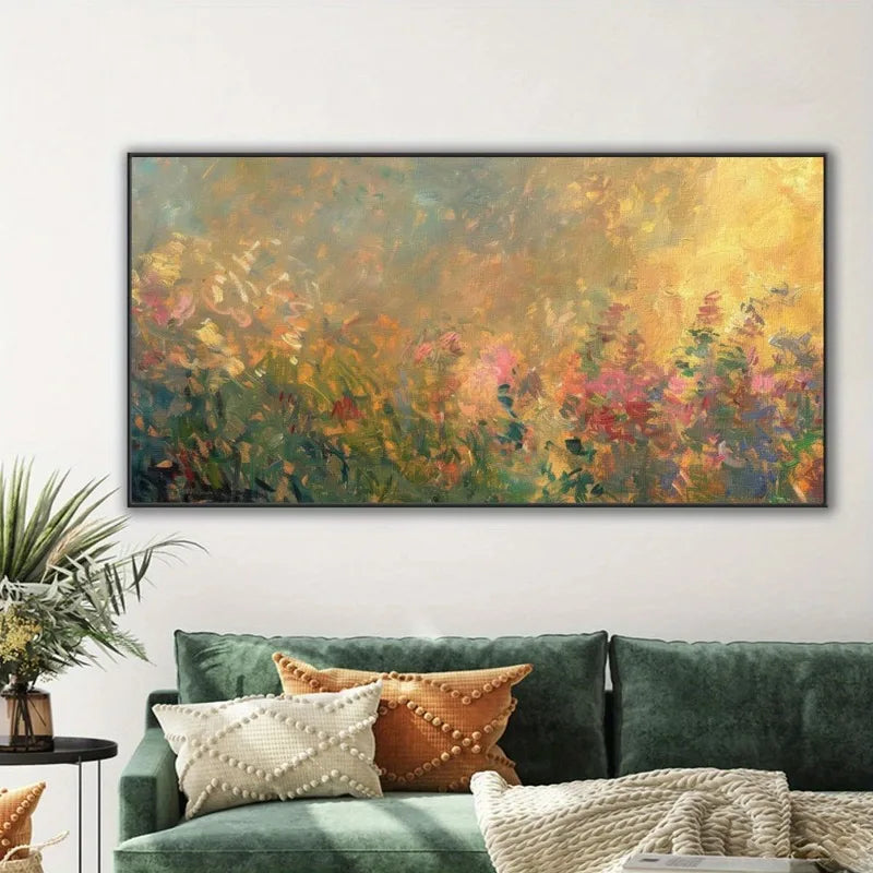 Sunset Wildflower & Spring Meadow Scenery Frameless Horizontal Poster, Canvas Print for Living Room, Bedroom, Home Office Decor
