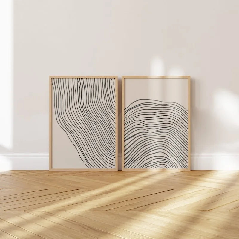 Large Minimalist Black Wavy Line Art Unframed Canvas Print on Neutral Beige Background for Modern Scandinavian Living Room and Contemporary Home Wall Décor