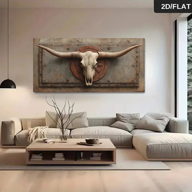 Rustic Longhorn Skull Canvas Print Unframed Wall Art – Western Industrial Design Rustic Background for Modern Living Room - Statement Styling