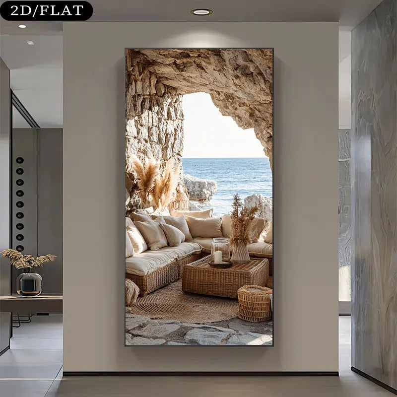 Coastal Cave Lounge Canvas Wall Art – Relaxing Ocean View – Modern Landscape Art For Contemporary Living Room & Apartment Foyer Decor