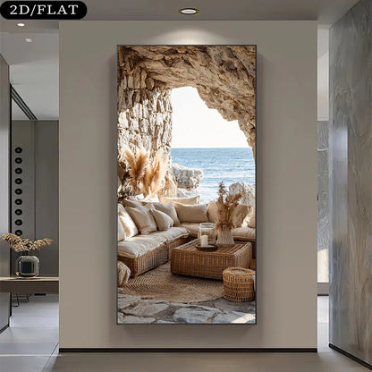 Coastal Cave Lounge Canvas Wall Art – Relaxing Ocean View – Modern Landscape Art For Contemporary Living Room & Apartment Foyer Decor