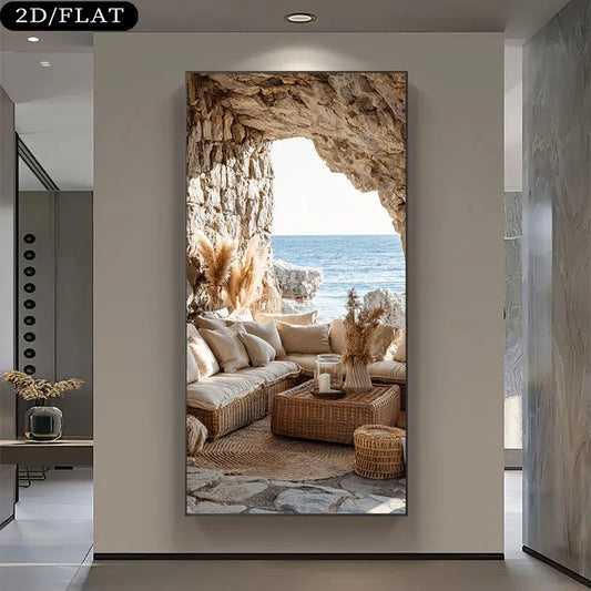 Coastal Cave Lounge Canvas Wall Art – Relaxing Ocean View – Modern Landscape Art For Contemporary Living Room & Apartment Foyer Decor