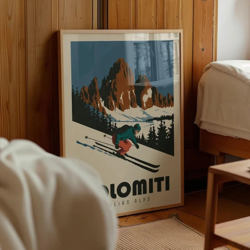 Vintage Dolomiti Ski Poster Wall Art – Retro Italian Alps Mountain Skiing Illustration – Classic Unframed Canvas Print for Rustic Cabin Lodge Decor