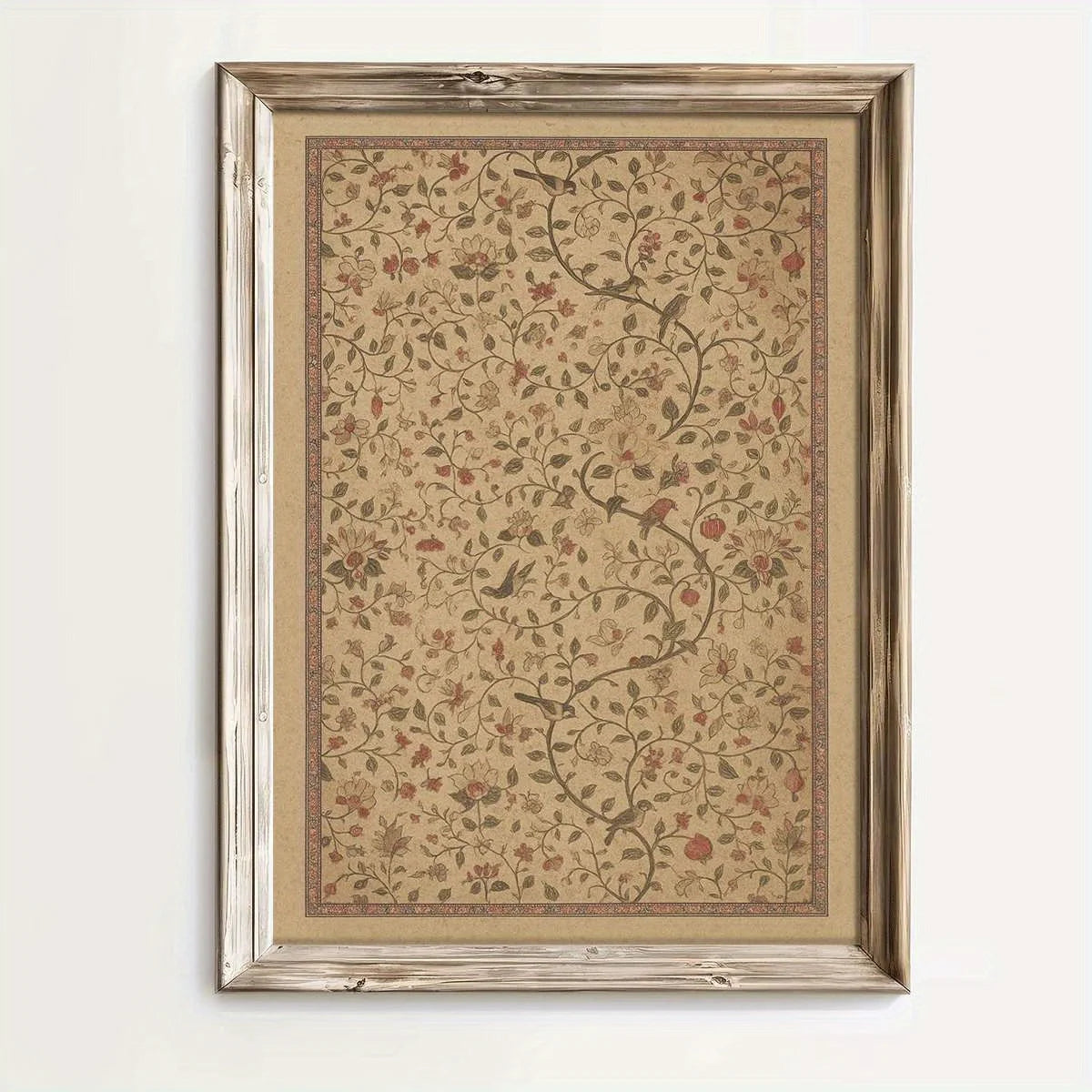 Vintage Floral Bird Wall Art – Intricate Beige Botanical Vine Pattern Design – Classic Canvas Artwork for Cozy Kitchen, Cottage‑Style Interiors