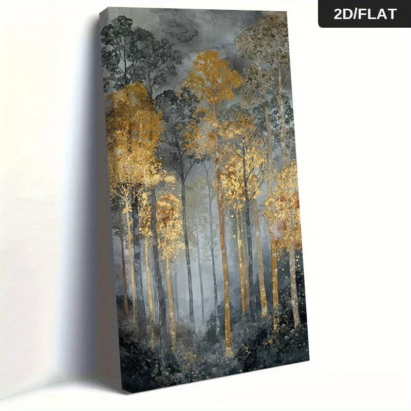 Golden Autumn Forest Unframed Canvas Wall Art – Vertical Format Landscape Print Misty Woodland Nature Painting for Modern Hallway