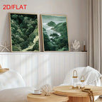 Green Zen Forest & Coastal Landscape Canvas Print Set – Nature Scenic Wall Art with Lush Trees, Hills & Ocean Views for Living Room