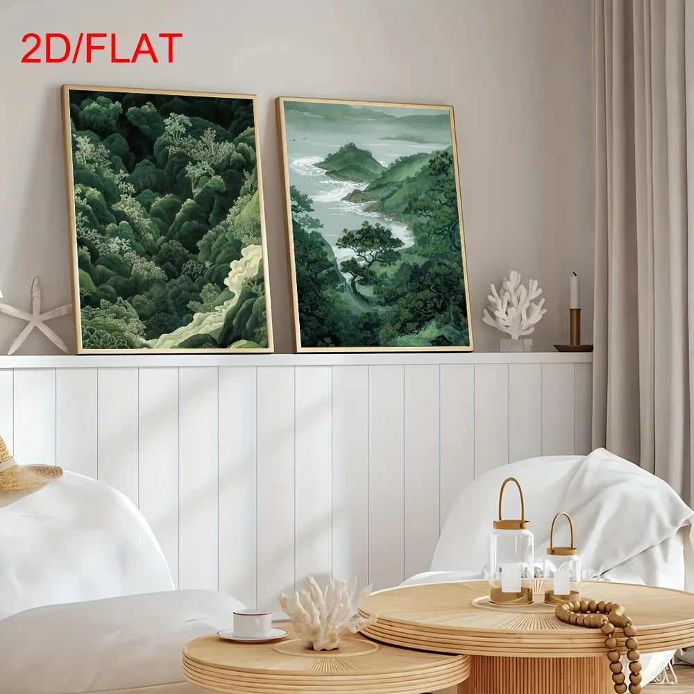 Green Zen Forest & Coastal Landscape Canvas Print Set – Nature Scenic Wall Art with Lush Trees, Hills & Ocean Views for Living Room