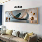 Modern Teal & Bronze Abstract Wall Art – Metallic Sphere & Curved Line Design – Wide Format Modern Aesthetics Artwork for Above the Sofa