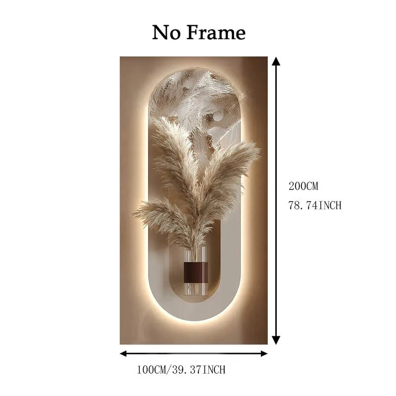 Modern Pampas Grass Wall Art – Luxury Backlit Arch Design with Neutral Textured Vase for Elegant Hallway & Minimalist Home Decor