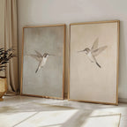 Neutral Hummingbird Wall Art Set – Soft Beige & White Bird Illustration Prints – Modern Minimalist Unframed Canvas Art for Calm Bedroom Decor