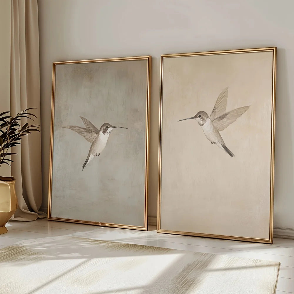 Neutral Hummingbird Wall Art Set – Soft Beige & White Bird Illustration Prints – Modern Minimalist Unframed Canvas Art for Calm Bedroom Decor
