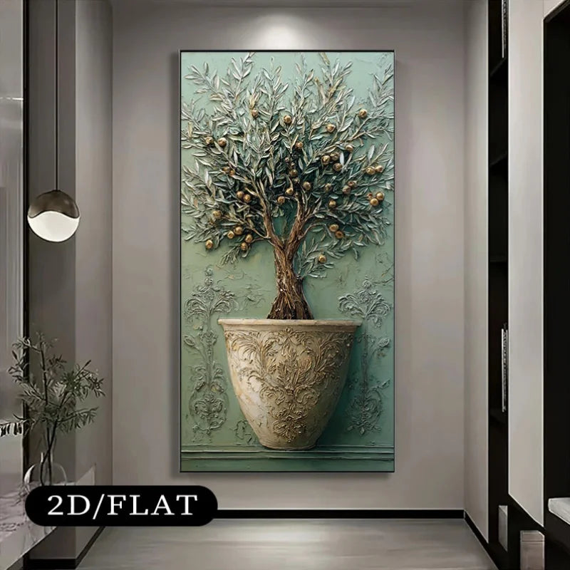 Elegant Terracotta Olive Tree Canvas Wall Art – Neutral Botanical Artwork With Ornate Vase & Sculptural Detailing For Modern Entryway Foyer