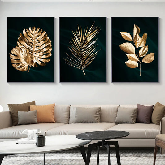 Set of 3PCs Golden Monstera Wall Art Fine Art Canvas Prints - Modern Tropical Botanical Pictures For Living Room Dining Room Art For Contemporary Interiors