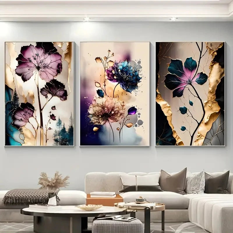 Set of 3Pcs Dreamy Purple Beige Cyan Floral Abstract Wall Art Fine Art Canvas Prints - Modern Botanical Pictures For Living Room Dining Room Wall Decor For Boutique Hotel Room