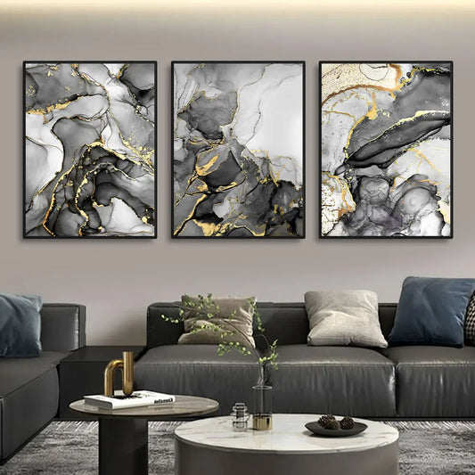 Set of 3Pcs Golden Black Grey Golden Marble Print Wall Art Fine Art Canvas Prints - Artworks For Modern Living Room Dining Room Home Office Art Decor