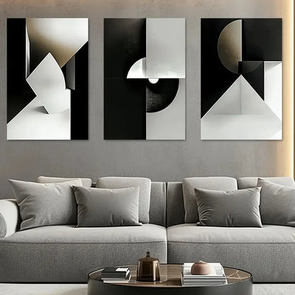 Set of 3Pcs Modern Geometry Bold Grey Black Abstract Geometric Wall Art Fine Art Canvas Prints - Art For Modern Apartment Living Room Bedroom Home Office Decor