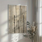 Japandi Abstract Brushstroke Canvas Print Wall Art – Black Ink Vertical Strokes on Neutral Beige Background - Art for Zen Living, Meditation Space