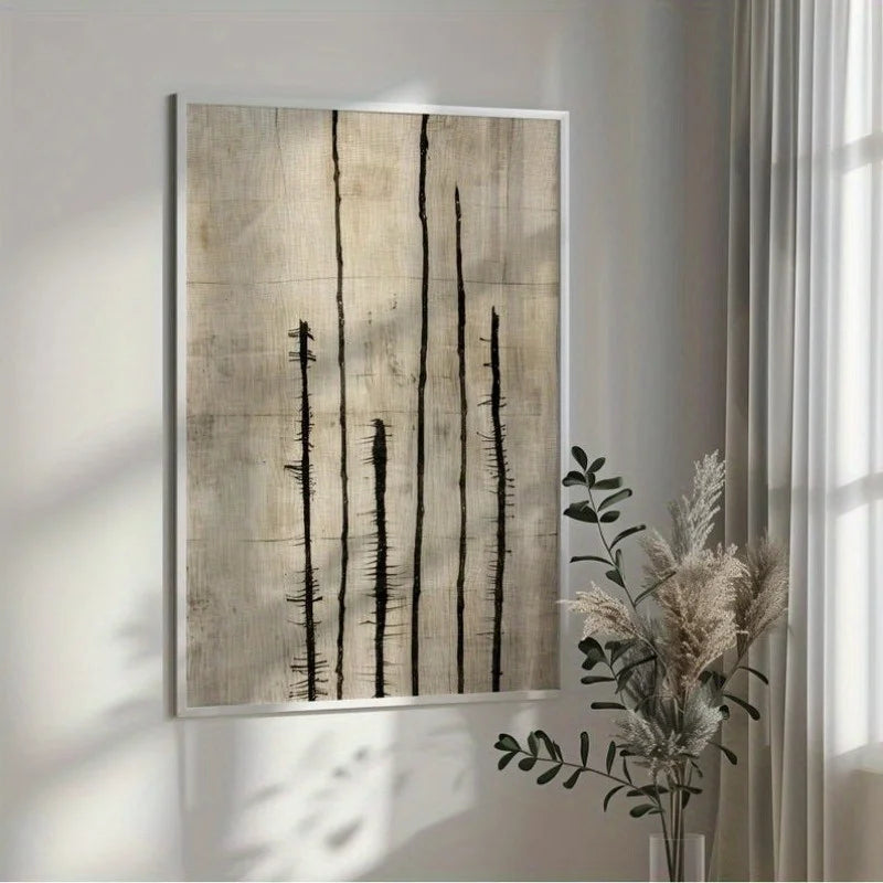 Japandi Abstract Brushstroke Canvas Print Wall Art – Black Ink Vertical Strokes on Neutral Beige Background - Art for Zen Living, Meditation Space